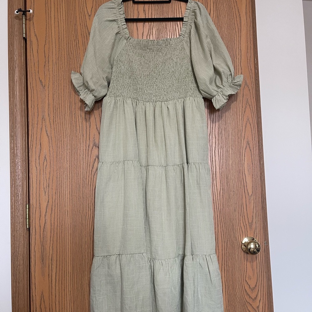 Bohme Sage Green Smocked Midi Dress